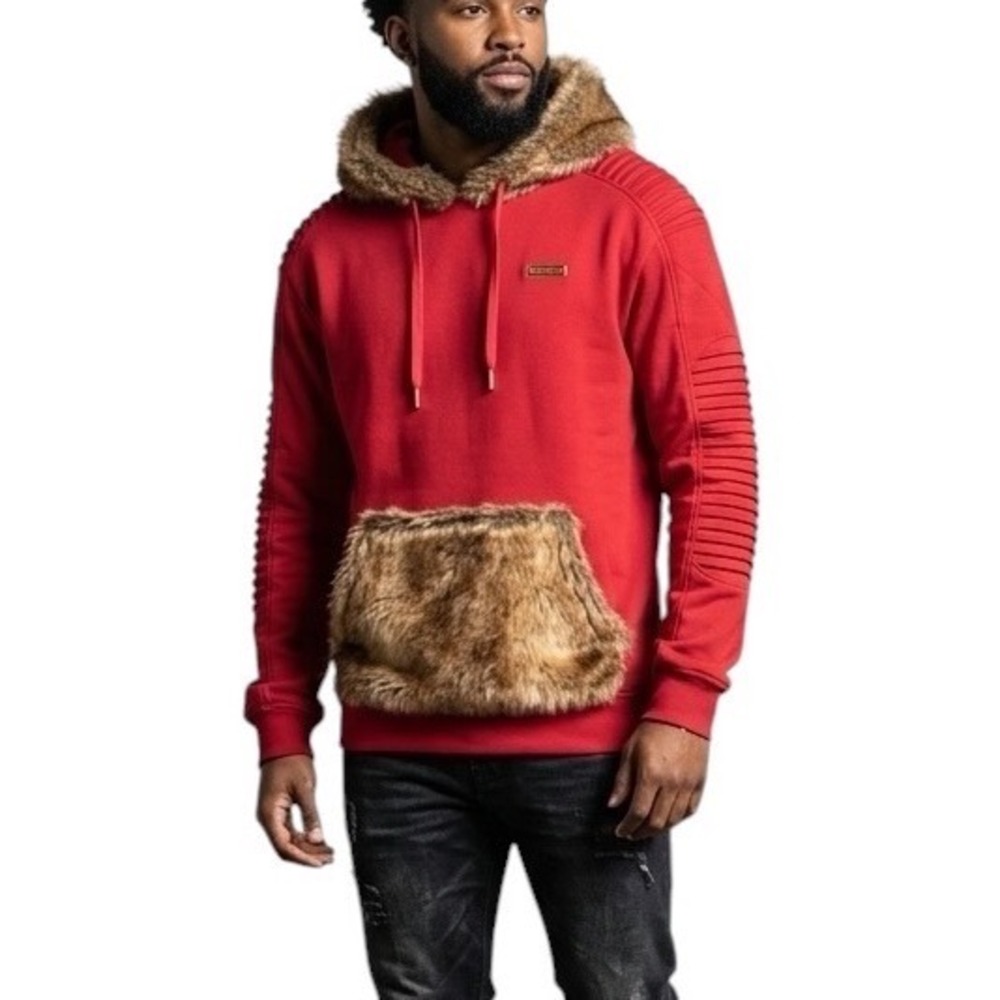 Makobi Mens Red Moto Hoodie Faux Fur Trim Ribbed Sleeves Gold Side Zip XL